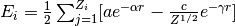 E_{i} = \frac{1}{2}\sum_{j=1}^{Z_{i}}[ae^{-\alpha r}-\frac{c}{Z^{1/2}}e^{-\gamma r}]