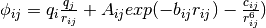 \phi_{ij}= q_{i}\frac{q_{j}}{r_{ij}}+A_{ij}exp(-b_{ij}r_{ij})-\frac{c_{ij}}{r^{6}_{ij}})